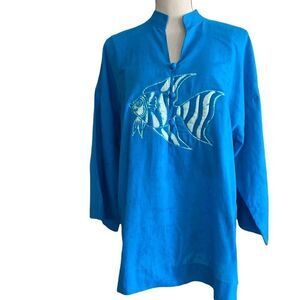 Women's Mandarin Collar Blue Blouse Top Size L